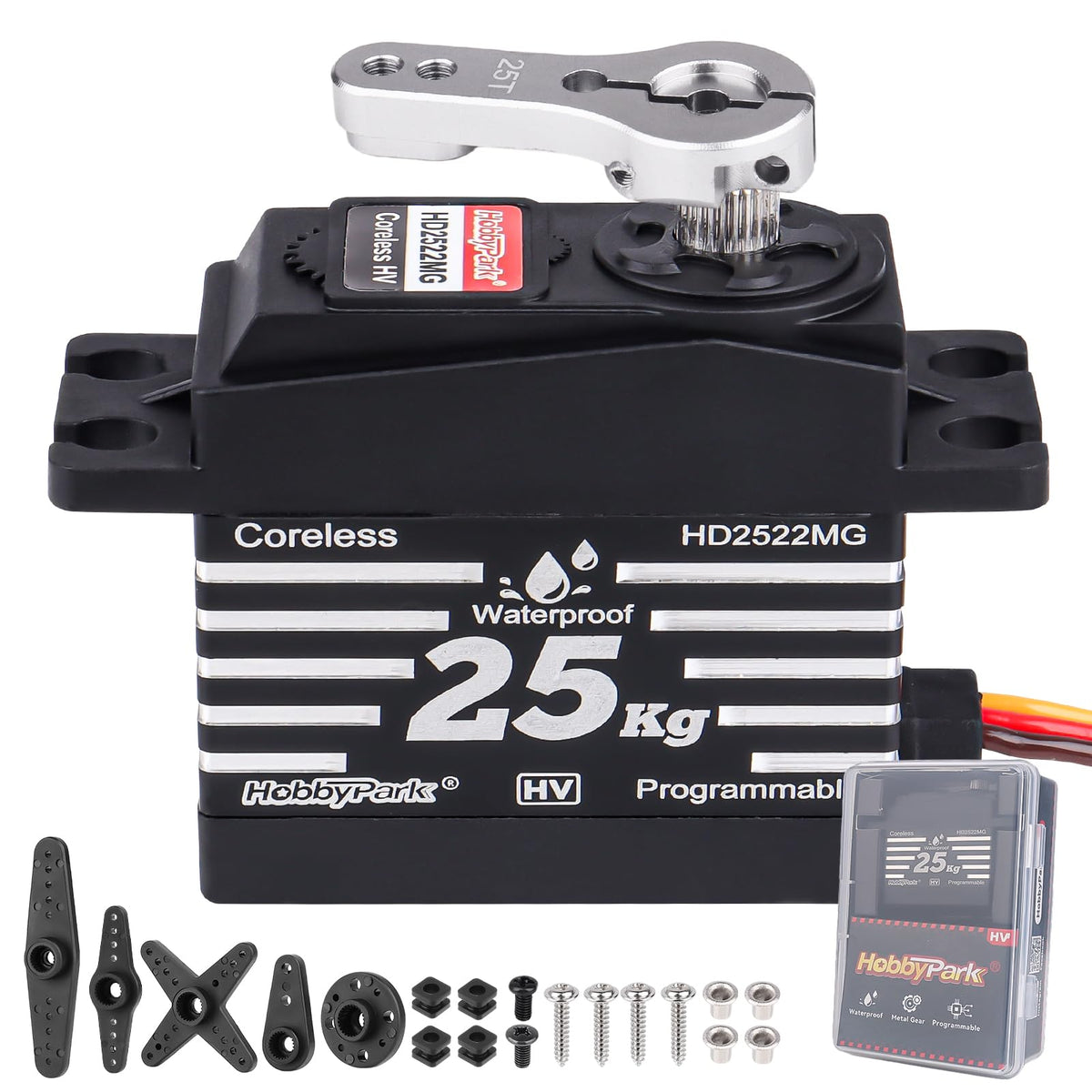 HobbyPark waterproof RC servo 25kg torque for all-weather RC cars.