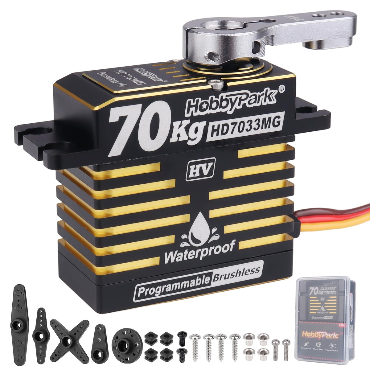 HobbyPark waterproof servo close-up highlighting 70kg torque for tough RC crawlers
