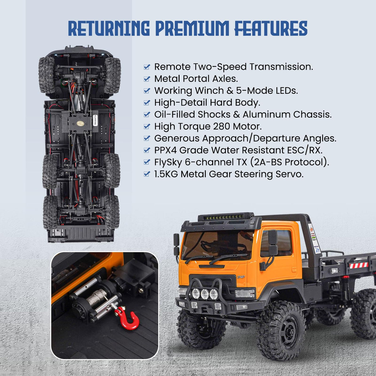 Working winch adds practical recovery capability on rough terrain.