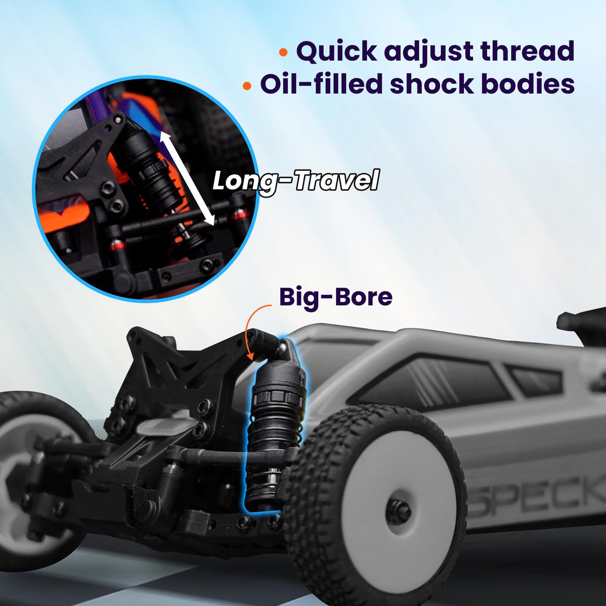 HOBBYPLUS Speck B 1/24 RC buggy featuring a thicker steering rack for precise turns.