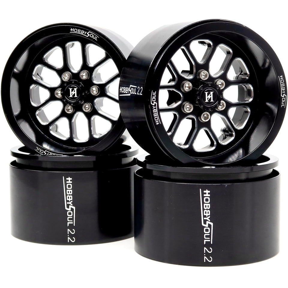 Hobbysoul 2.2 beadlock wheels assembly in CNC aluminum for rugged trail use.