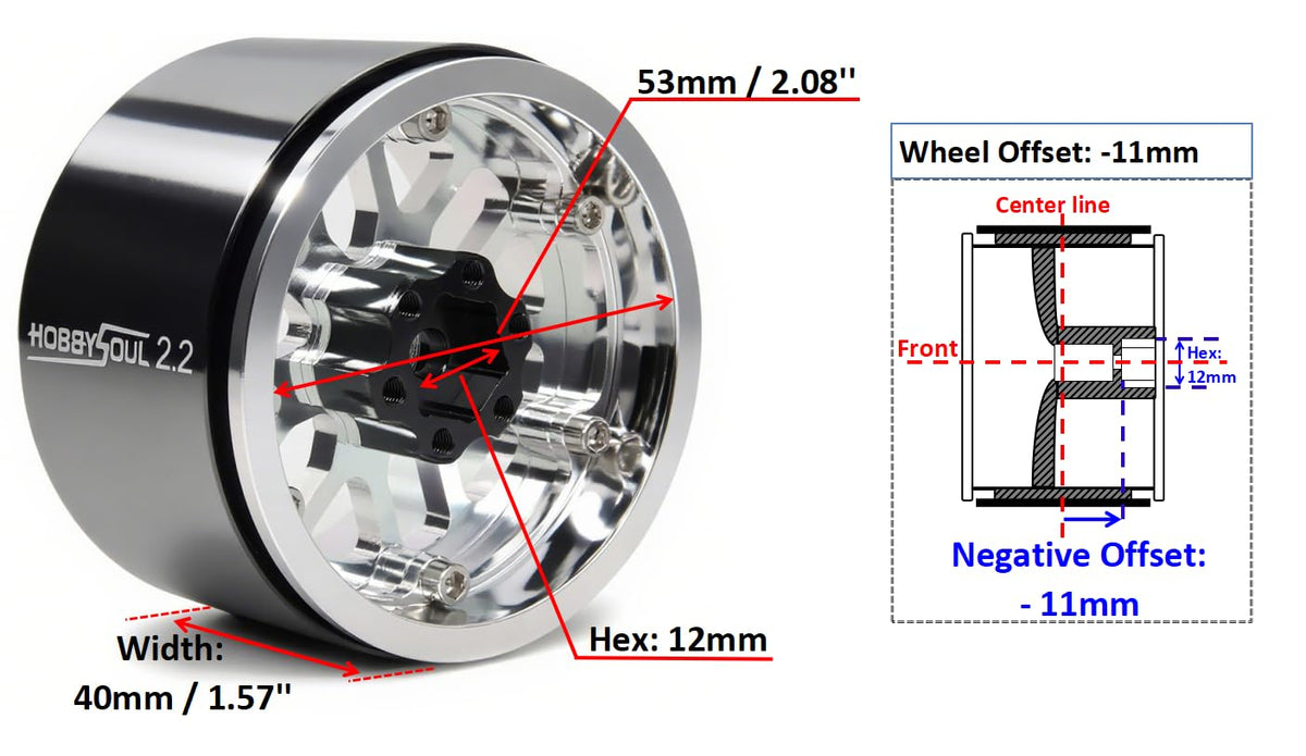 Hobbysoul beadlock wheels with 12mm hex hub, close-up for universal fitment