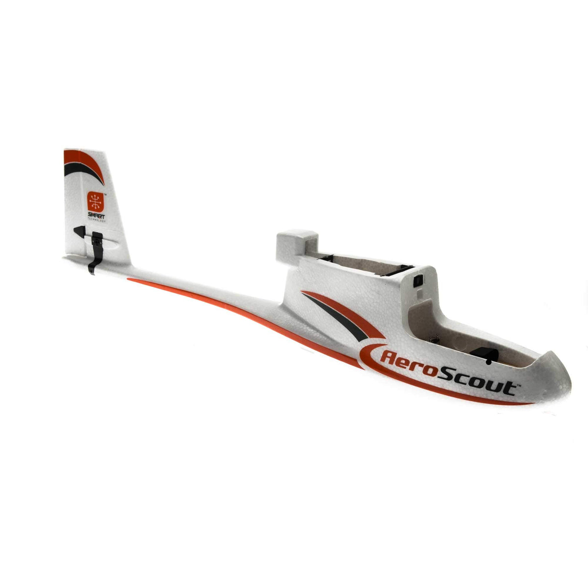 HobbyZone AeroScout fuselage with elevator/rudder servos for precise RC control.