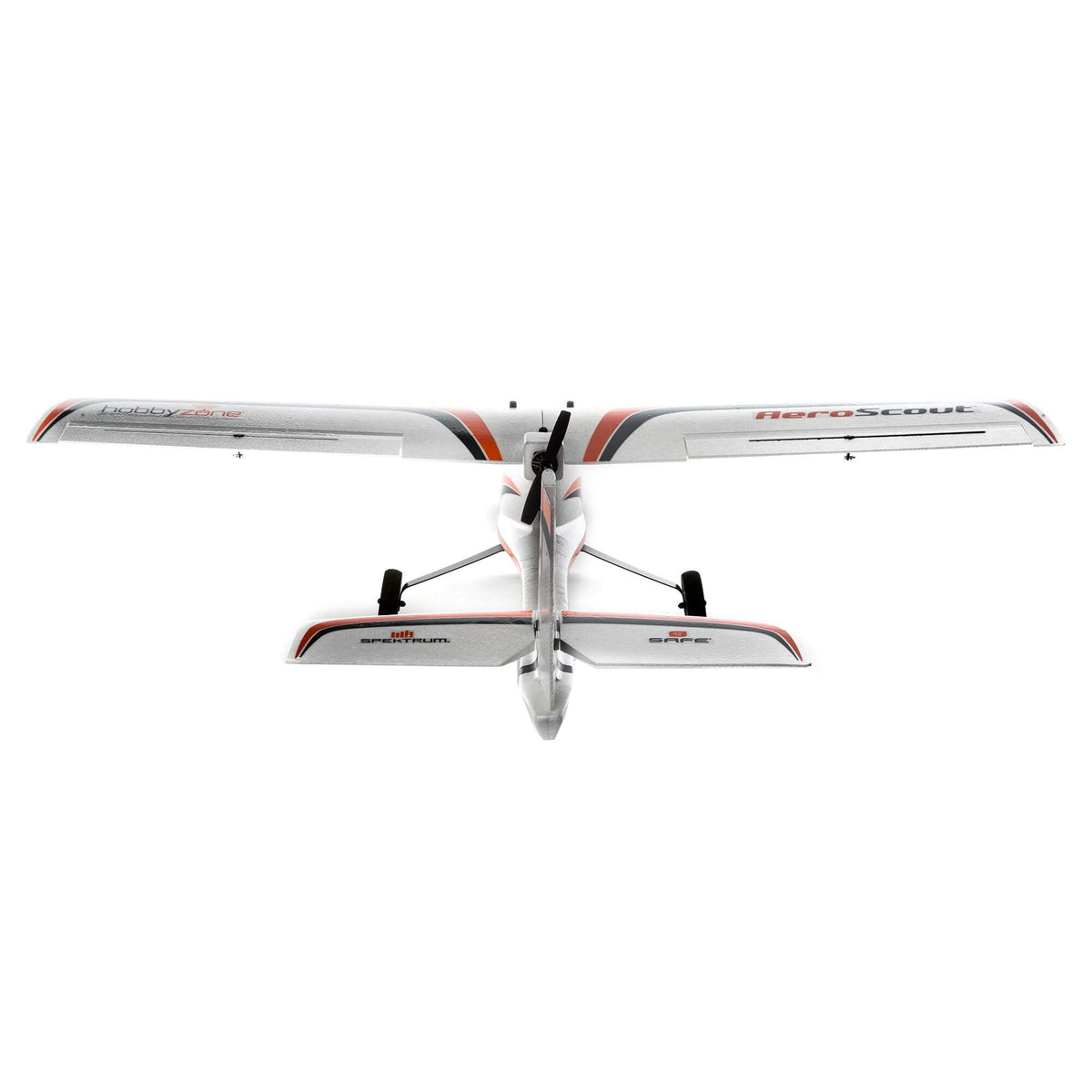 Cockpit detail highlights SAFE mode indicators and easy transmitter pairing for HobbyZone AeroScout S2.
