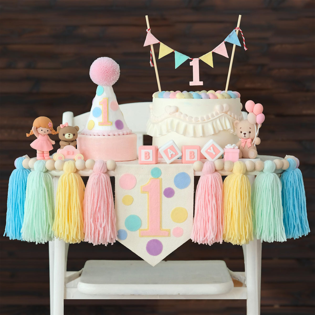 HODIHIWI rainbow dot birthday hat adds whimsy to the celebration.