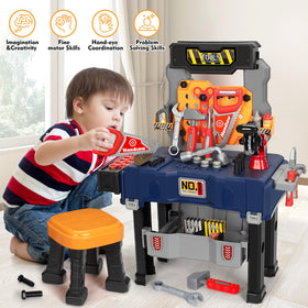 Hodurgyi tool bench chair helps kids sit comfortably during focused pretend repairs.