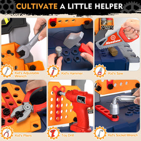 Hodurgyi toy mitre saw and hammer area showcases realistic tools for imaginative construction.