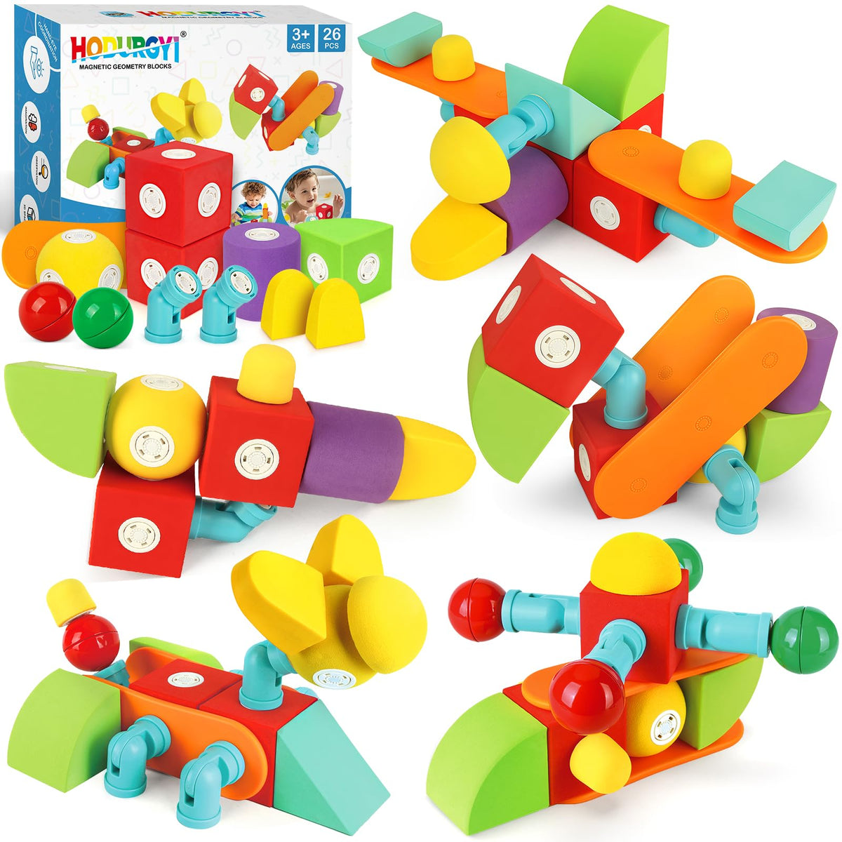 Hodurgyi magnetic foam blocks on a table showcase open-ended STEM building fun for kids.