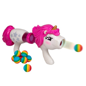 Hog Wild Unicorn Power Popper in action launching rainbow foam balls for outdoor fun