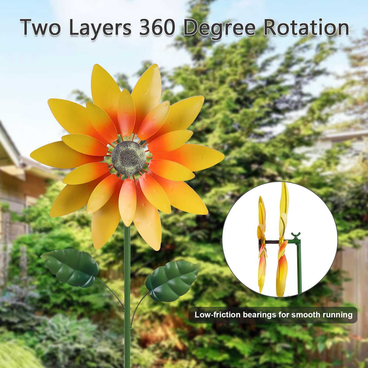 hogardeck metal wind spinner closeup of durable sunflowers