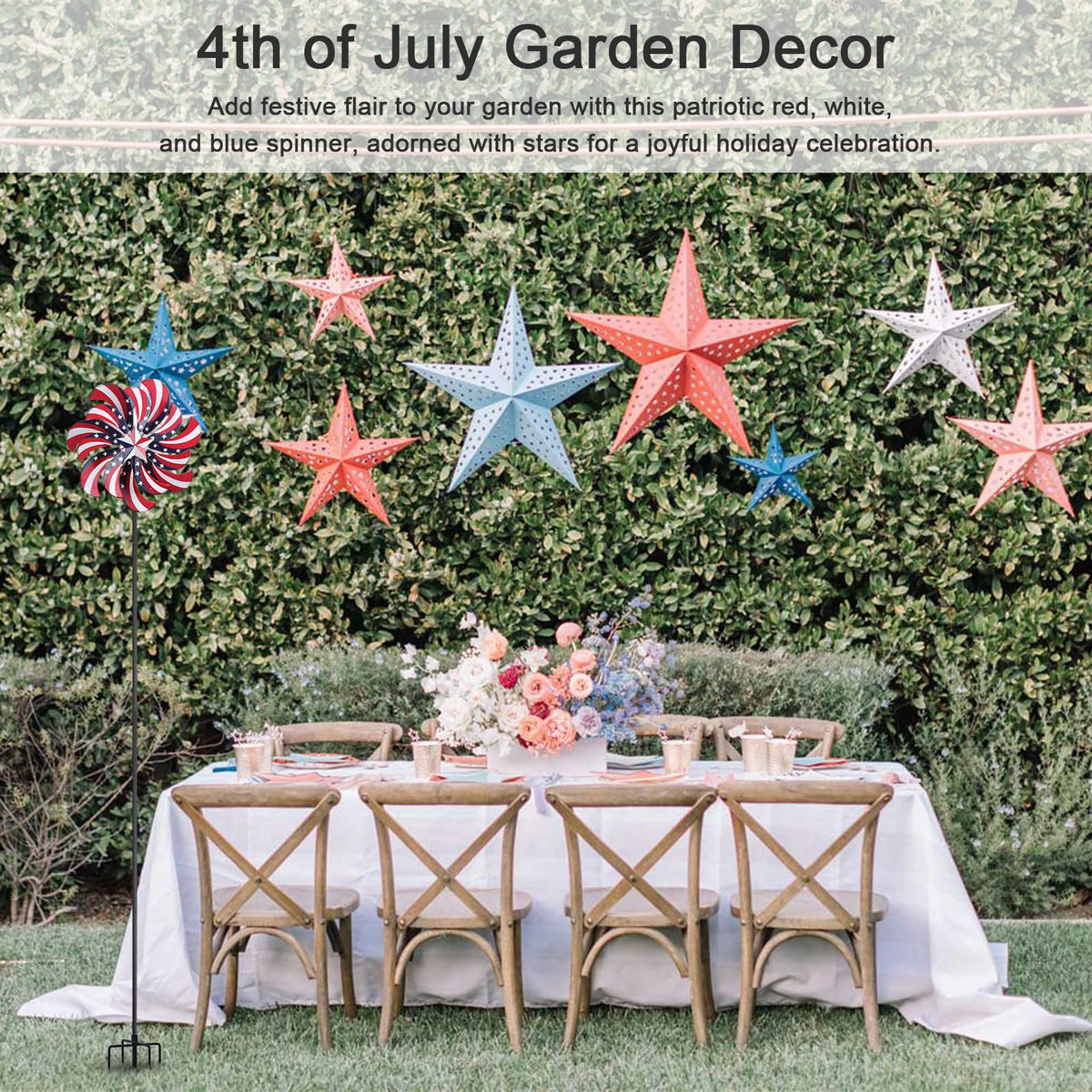 Hogardeck red-white-blue yard art spinner enhances porch or garden with motion