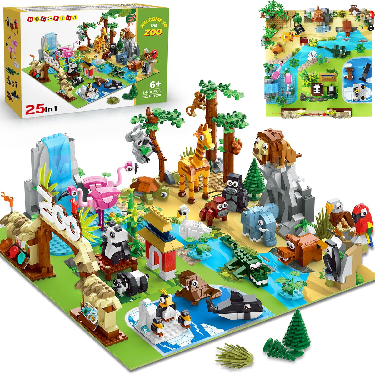 HOGOKIDS 25 Animals Zoo Building Set with Play Mat – vibrant wildlife playground for imaginative play.