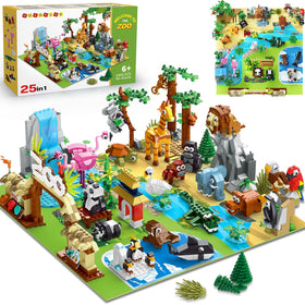 HOGOKIDS 25 Animals Zoo Building Set with Play Mat – vibrant wildlife playground for imaginative play.