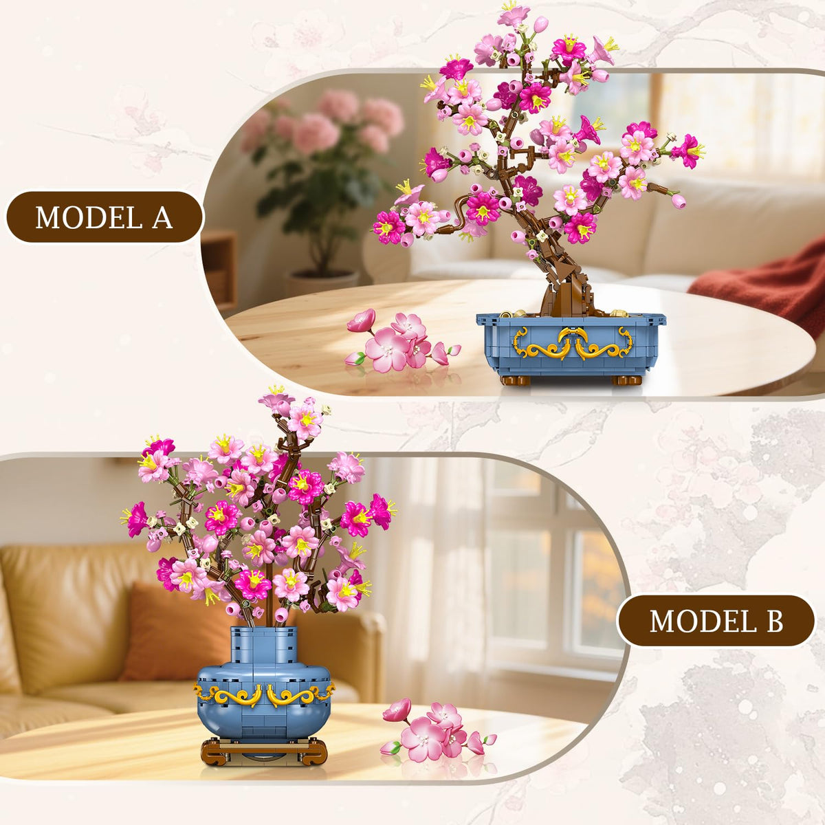 HOGOKIDS Cherry-Blossom Bonsai rectangular planter showcases elegant two-tone blooms.