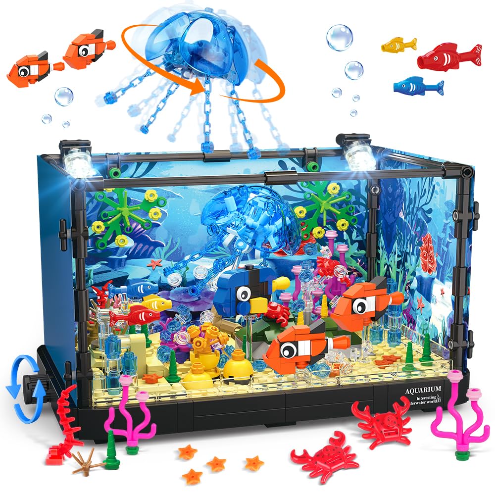 HOGOKIDS fish tank building set with LED light, vivid underwater scene for imaginative play.