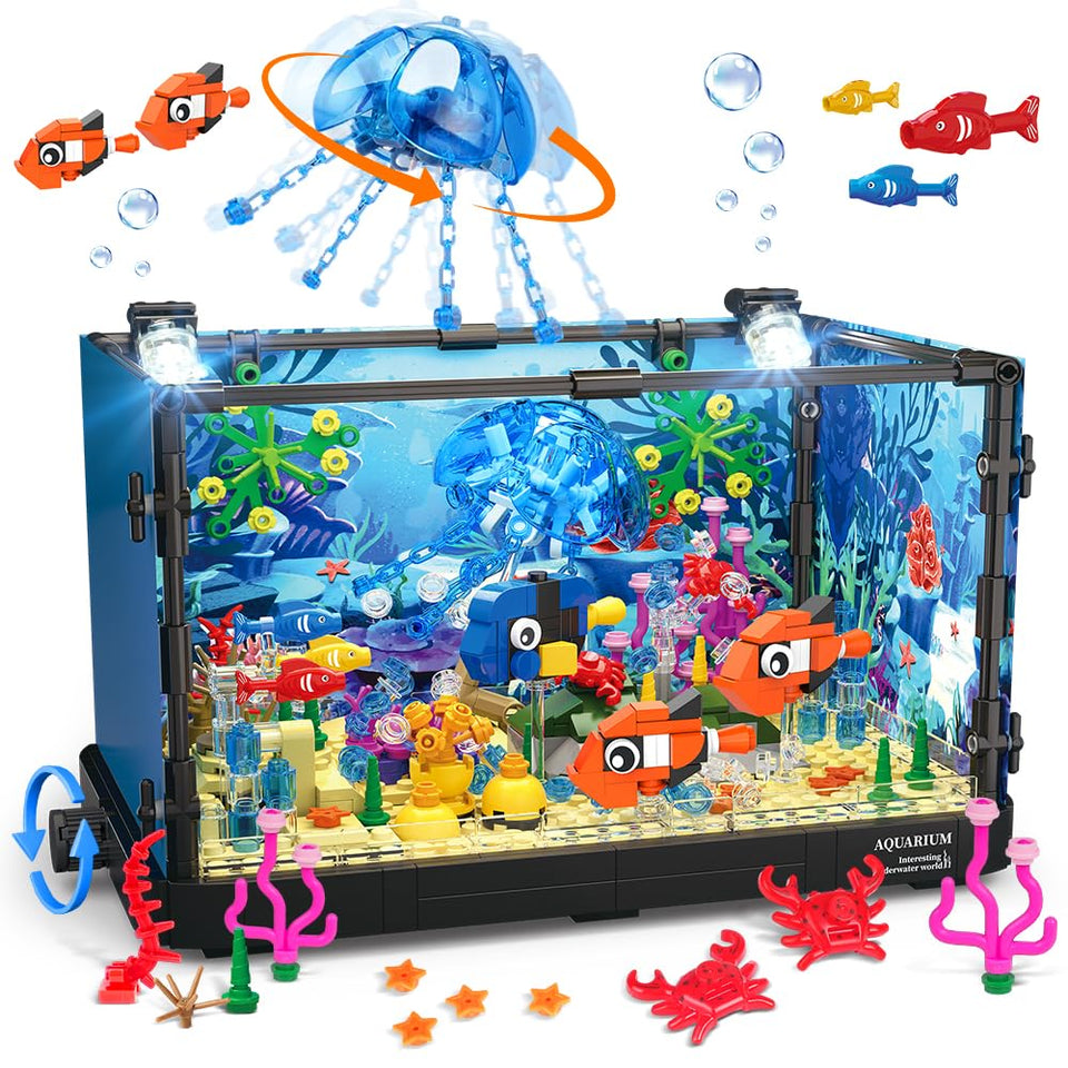 HOGOKIDS fish tank building set with LED light, vivid underwater scene for imaginative play.