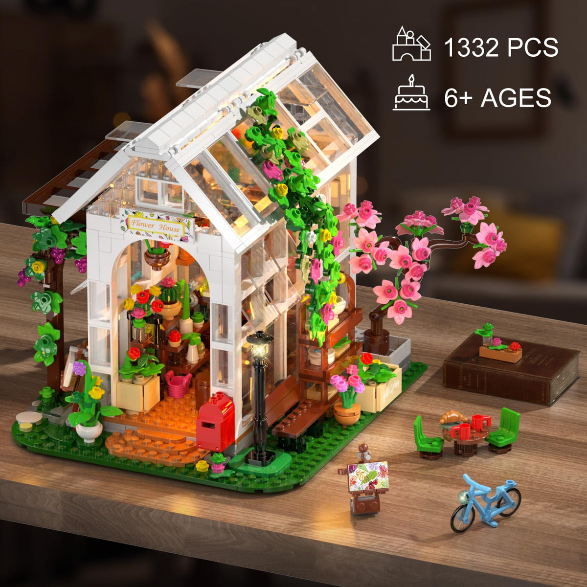 HOGOKIDS Flower House Building Set includes cat tower for interior play space.