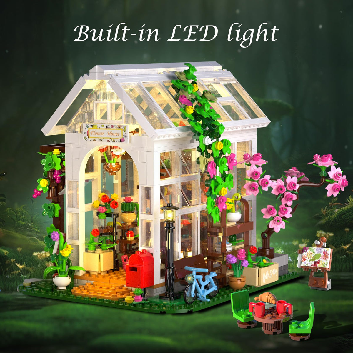 HOGOKIDS Flower House Building Set interior shelves organize tiny decor items.