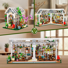 HOGOKIDS Flower House Building Set greenhouse window showcases flexible display modes.