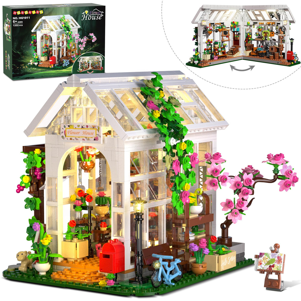 HOGOKIDS Flower House Building Set with LED light lights a cozy night display.