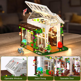 HOGOKIDS Flower House Building Set open roof skylight enhances interior access and light.