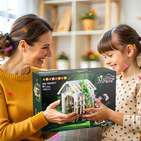 HOGOKIDS Flower House Building Set outdoor swing adds a charming gathering spot.