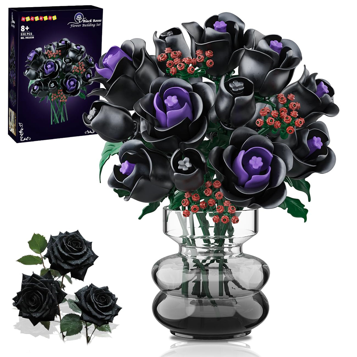 HOGOKIDS Flowers Bouquet Building Set with 15 black roses for elegant home decor