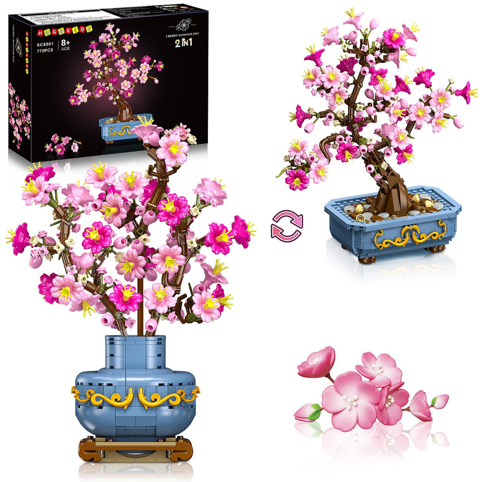 HOGOKIDS Flowers Cherry-Blossom Bonsai kit two styles on desk for versatile decor.