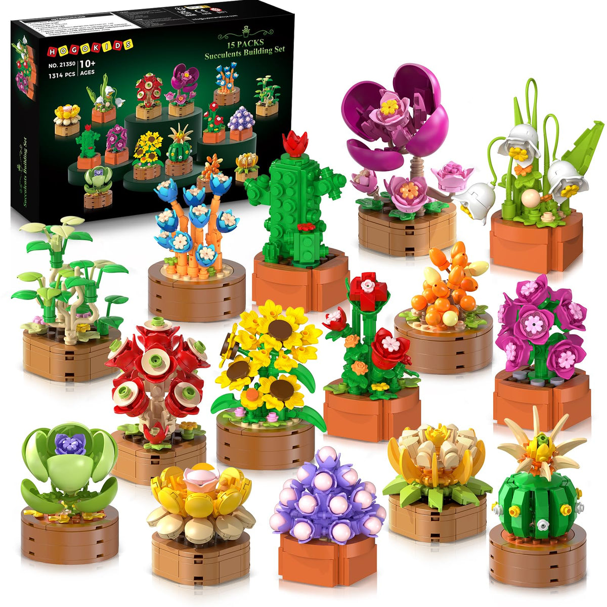 HOGOKIDS flowers and succulents mini-building set collection—vibrant desk decor and a mindful building activity