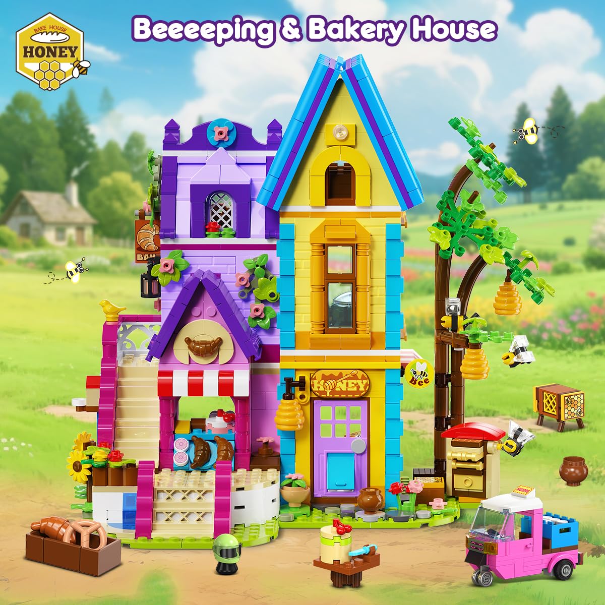 HOGOKIDS Friends House bee and cake figures spark creative narratives and cooperative play.