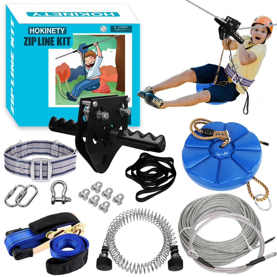 HOKINETY zipline kit setup for quick backyard installation and fun.