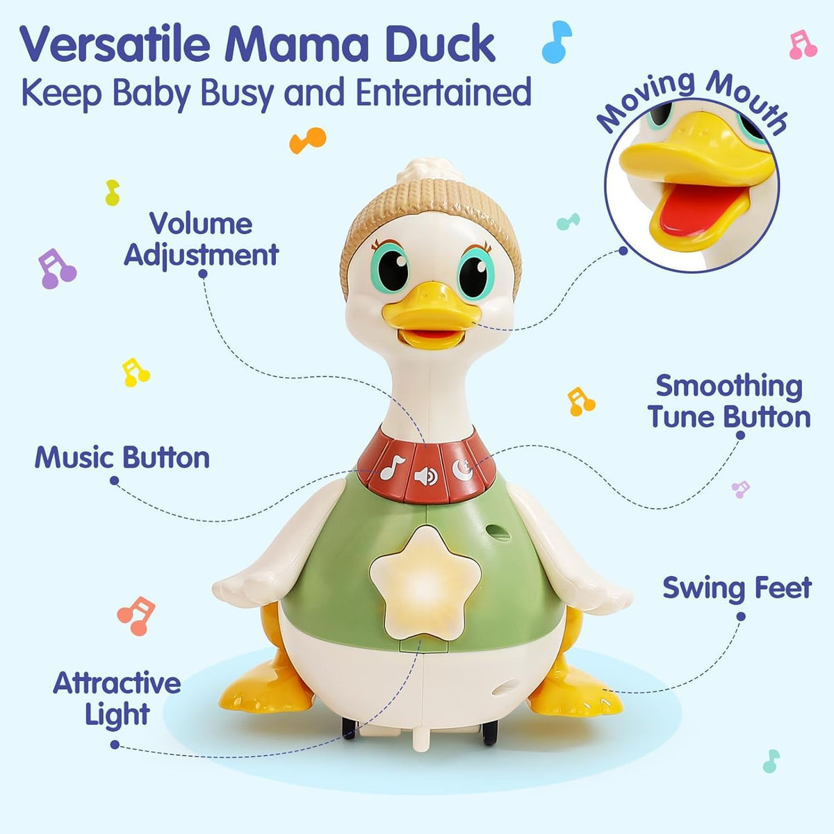 HOLA duck promotes tummy-time exploration with engaging movement and music