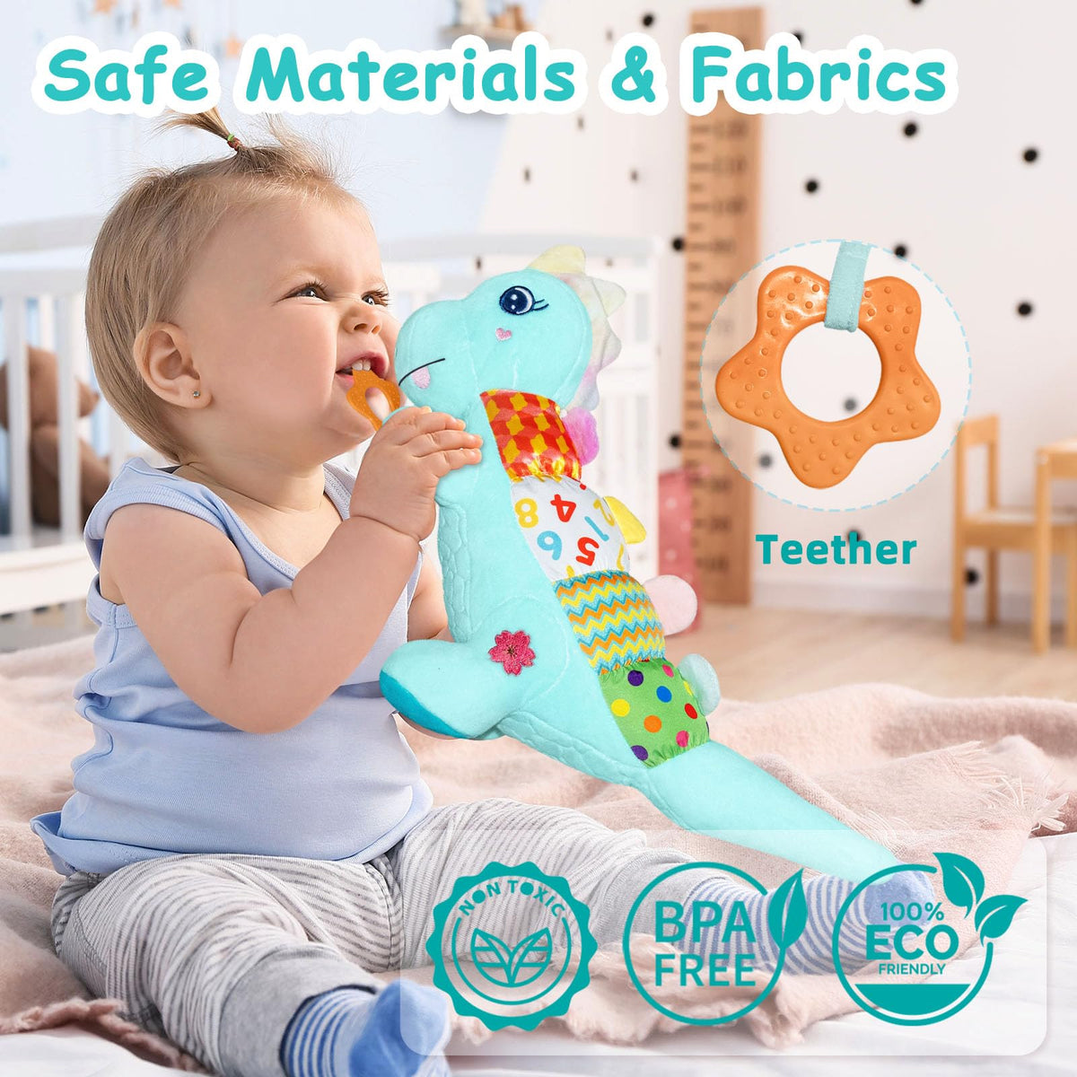 Holaxander Baby Dino Plush crinkle back adds texture and auditory stimulation.