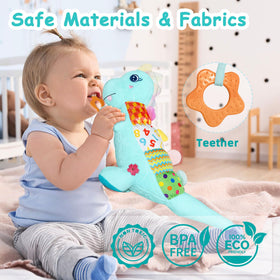 Holaxander Baby Dino Plush crinkle back adds texture and auditory stimulation.