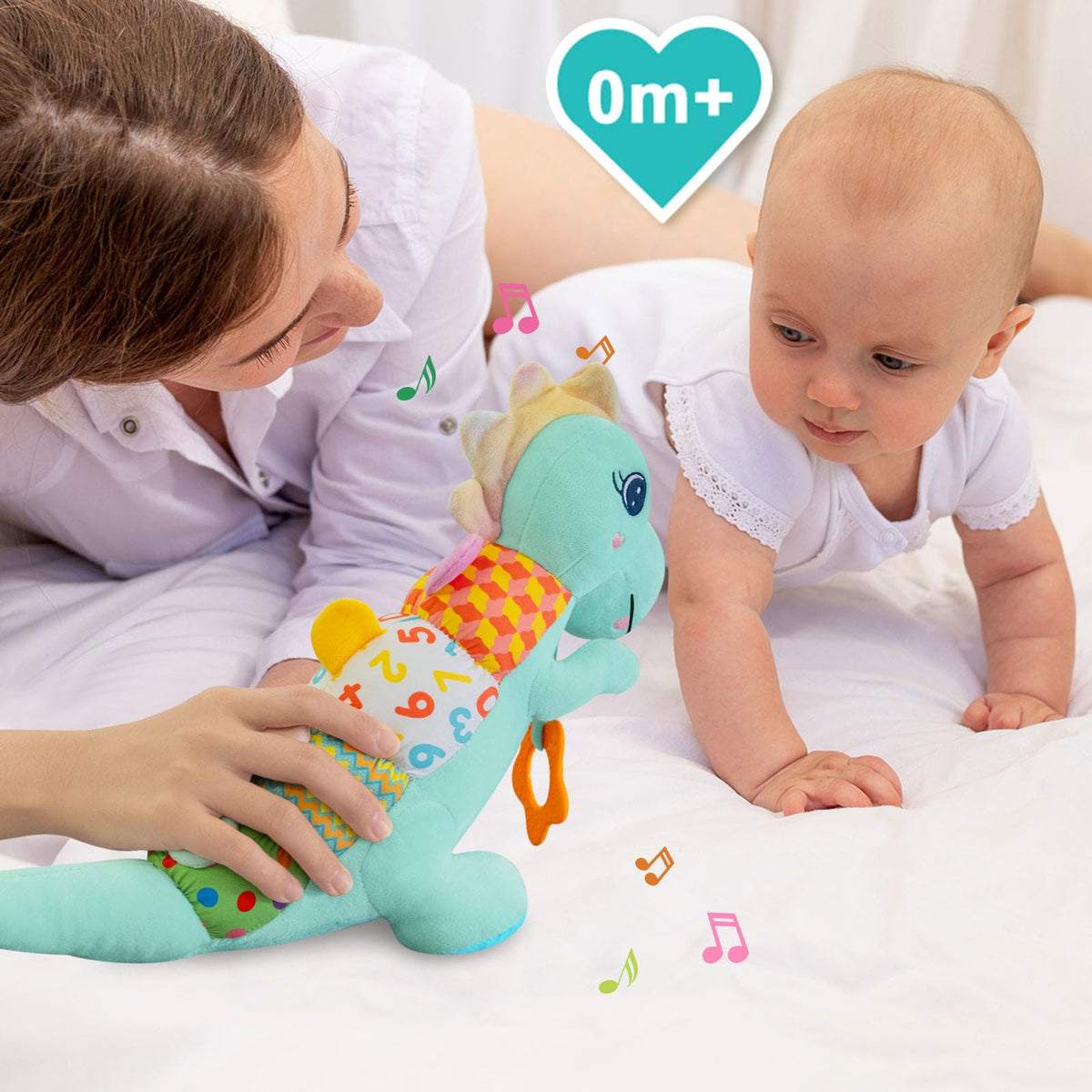 Holaxander Baby Dino Plush tail rattle invites shaking and exploration.