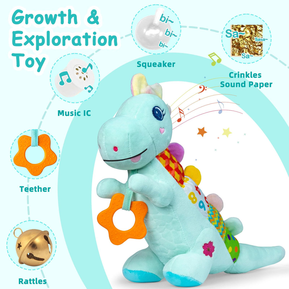 Holaxander Baby Dino Plush squeaky body encourages sensory grabbing and play.