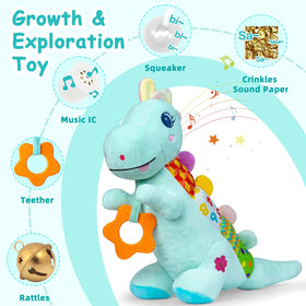 Holaxander Baby Dino Plush squeaky body encourages sensory grabbing and play.