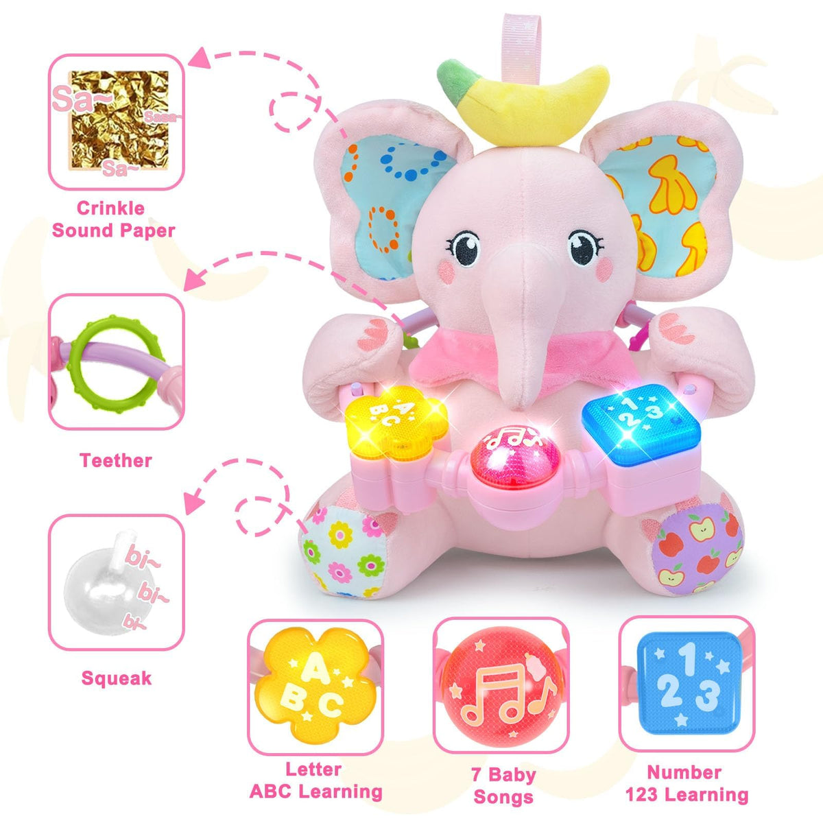 Holaxander elephant toy crinkle ears provide tactile feedback
