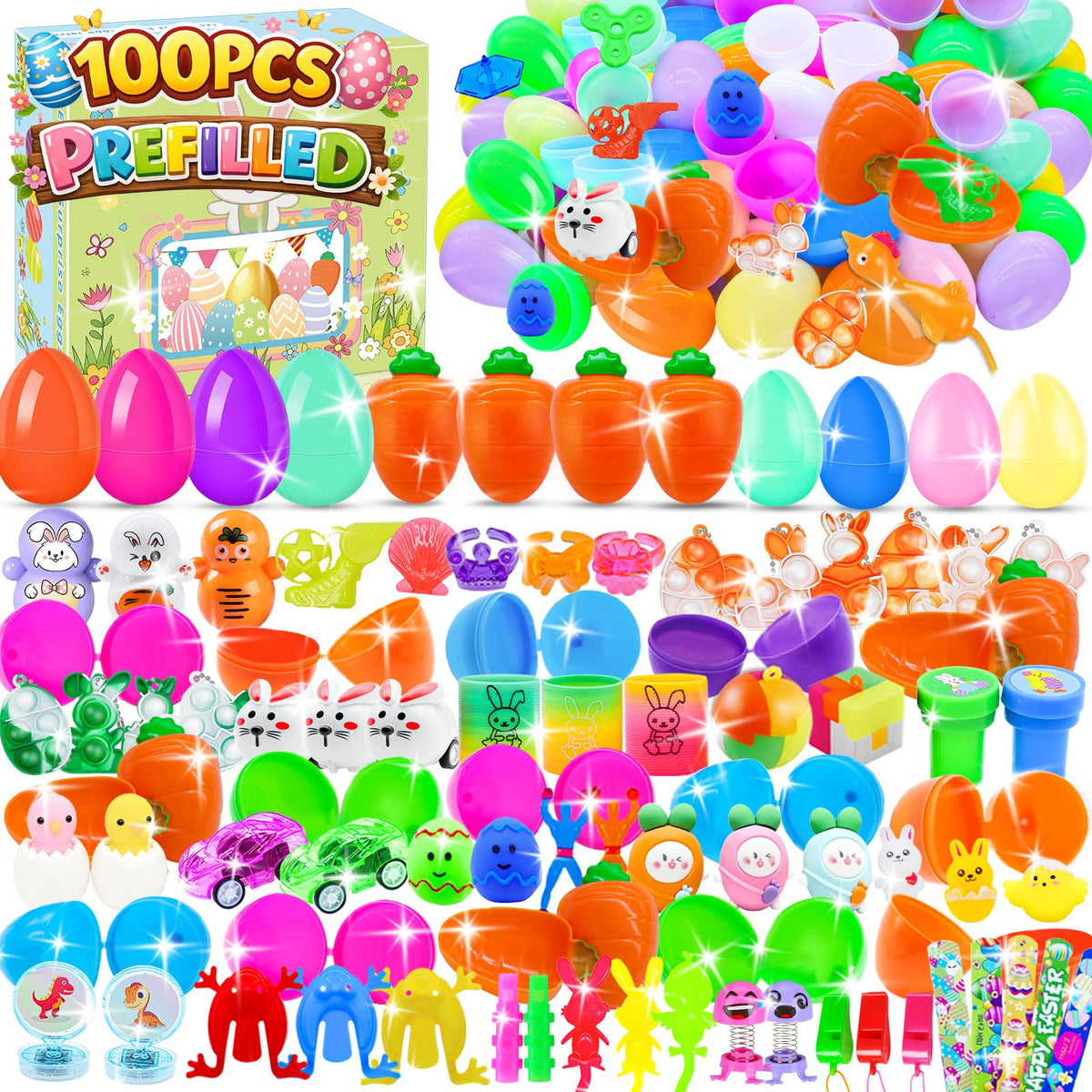 HOLILURE 100-pack prefilled Easter eggs showcase vibrant colors for a fun hunt.