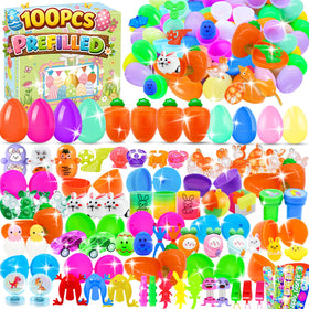 HOLILURE 100-pack prefilled Easter eggs showcase vibrant colors for a fun hunt.