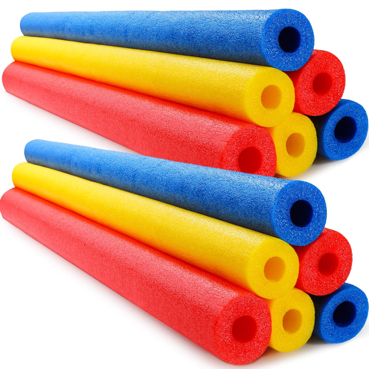 Hollowfly 12-pack pool noodles in bright colors provide buoyant support for swimming and play.