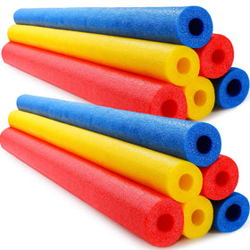 Hollowfly 12-pack pool noodles in bright colors provide buoyant support for swimming and play.