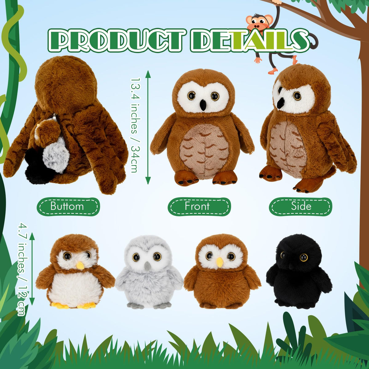 Hollowfly 13.4 inch owl stuffed animal with zippered tummy for easy storage of babies.