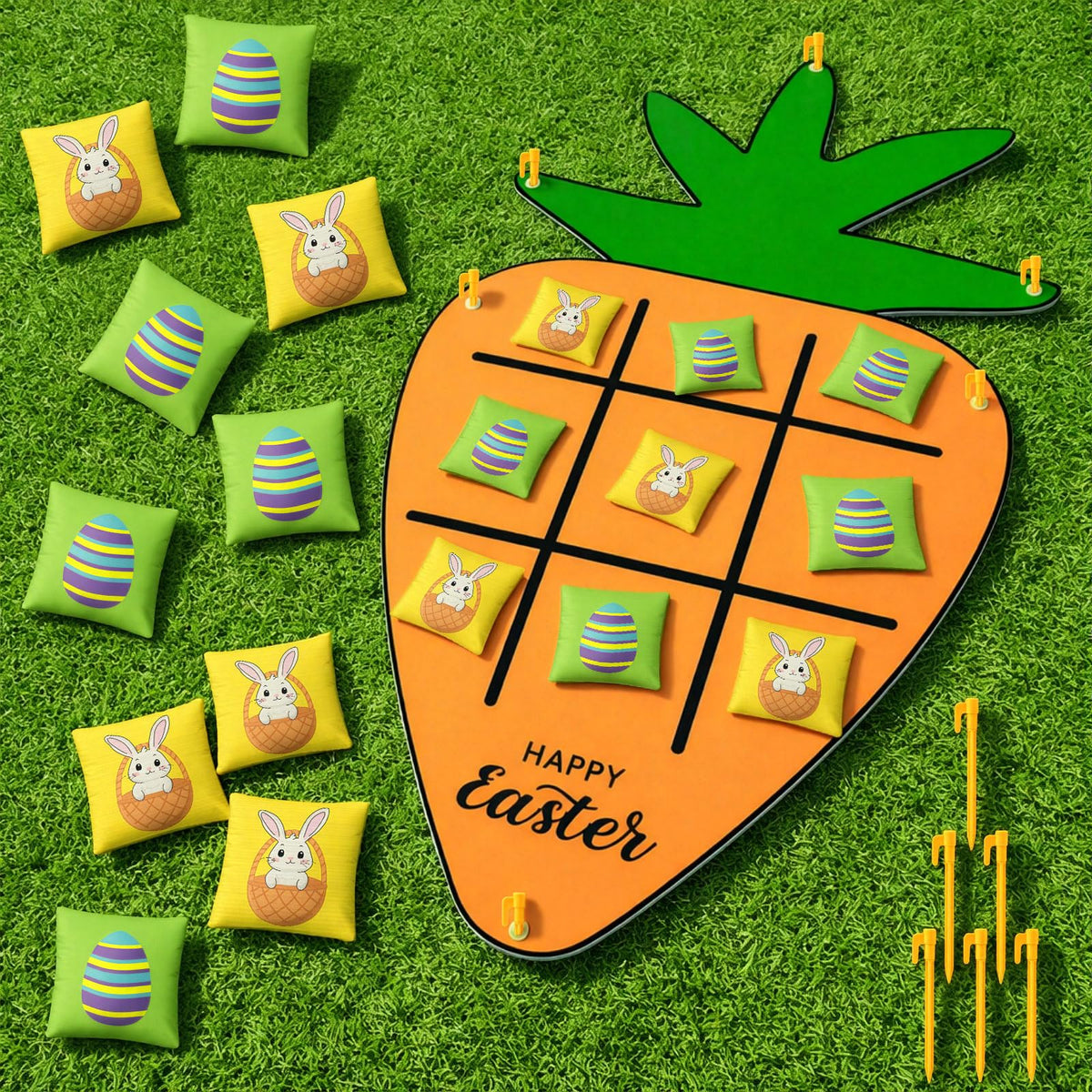 Hollowfly carrot felt mat as a bright Easter game centerpiece.