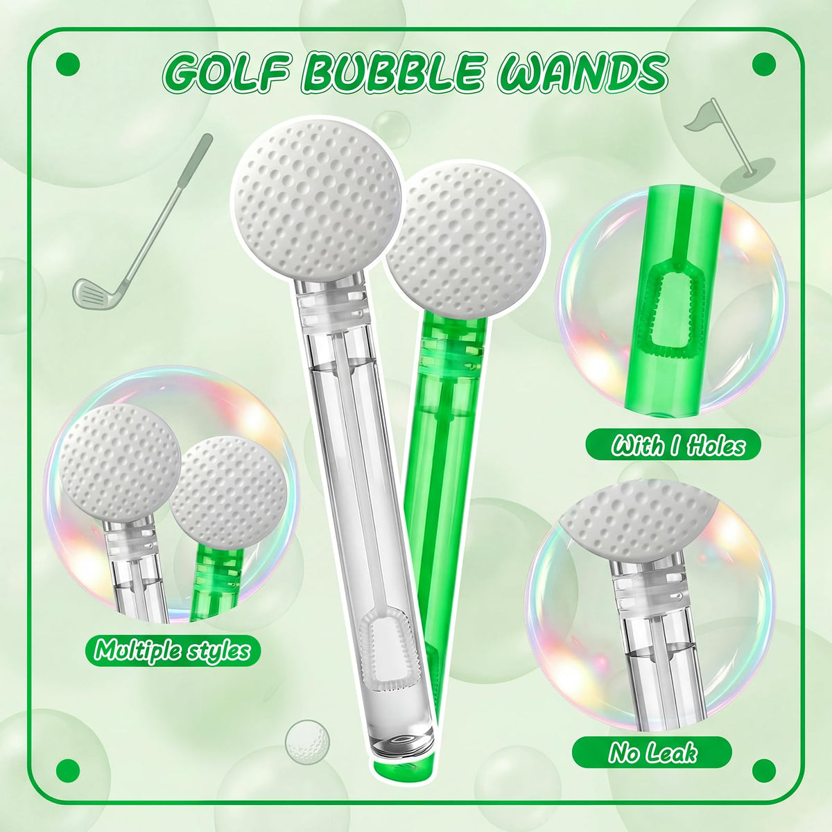 Hollowfly golf-design bubble wand with detachable toppers.