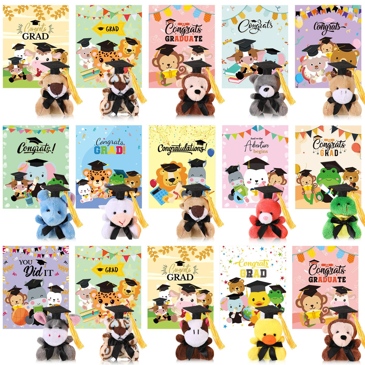 Hollowfly graduation cards and plush set shown on a table for party favors