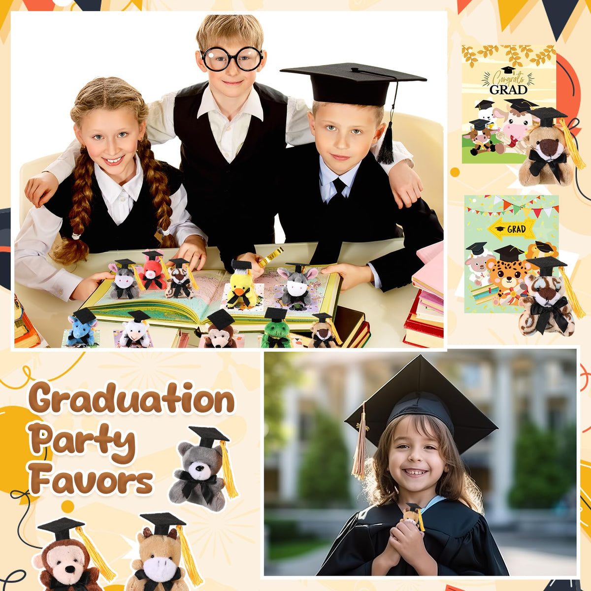 Hollowfly tiny graduation plush toys beside colorful cards for classroom rewards