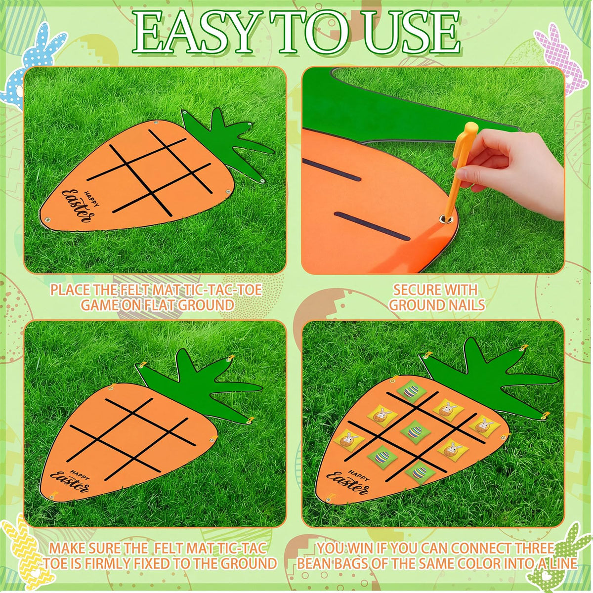 Hollowfly ground pegs secure mat firmly on grass for stable play.