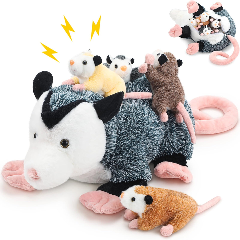 Hollowfly mother opossum plush with four babies on her back for cozy snuggles.