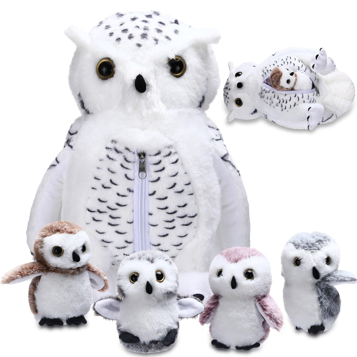 Hollowfly mommy owl with babies showing a zippered belly for easy storage